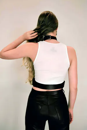 Black Faux Leather Collar-to-Waist Harness Adjustable Buckle
