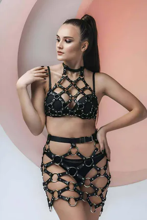 Black Caged Faux Leather Body Harness & Skirt Set with Silver O-Rings