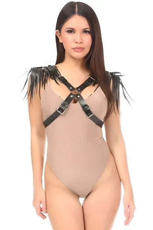 Black Faux Leather Chest Harness with Tasseled Shoulder Pads