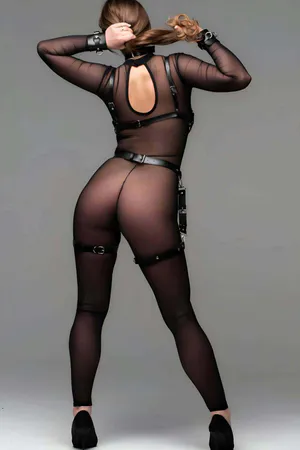 Black Faux Leather Open Bust Body Harness with Garter Straps and Silver O-Rings