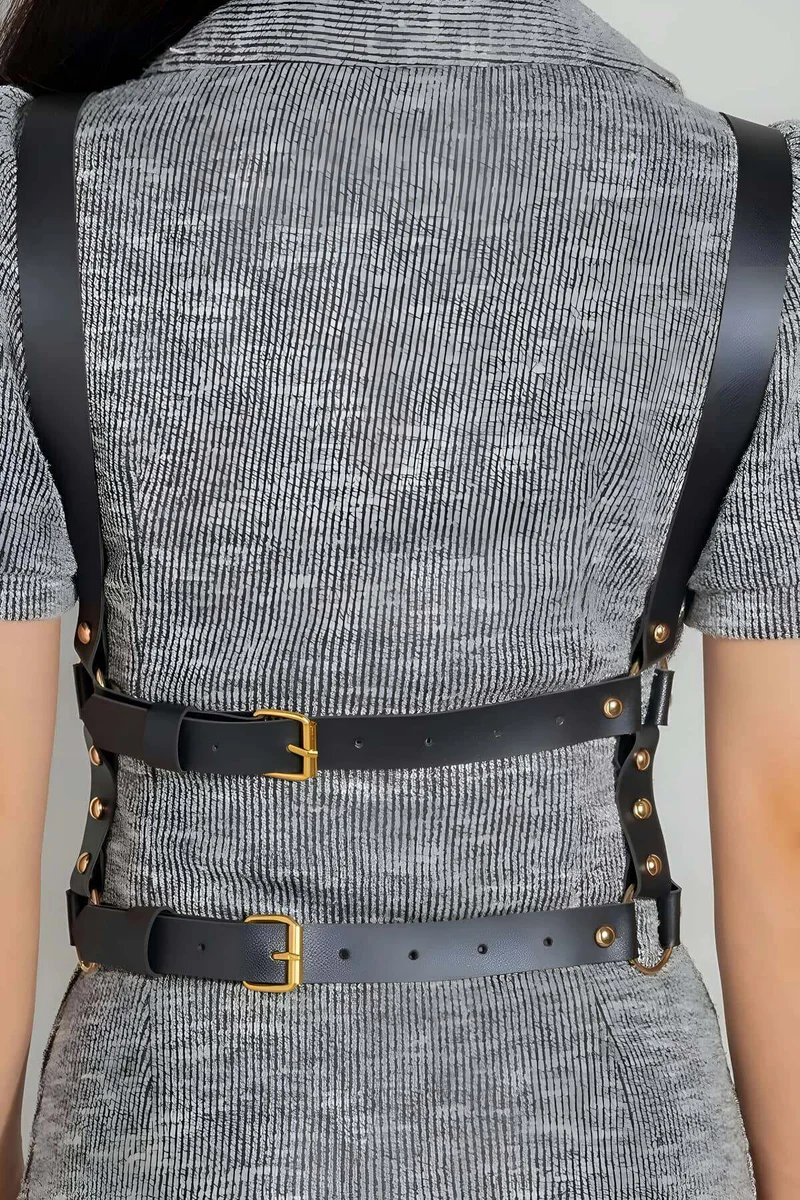 Black faux leather body harness O-ring details and gold buckles