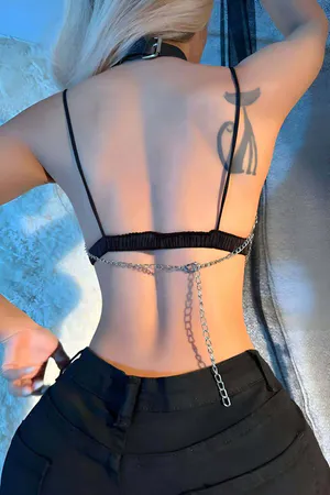 Silver Chain Chest Harness with Black Faux Leather Choker, Draping Chains