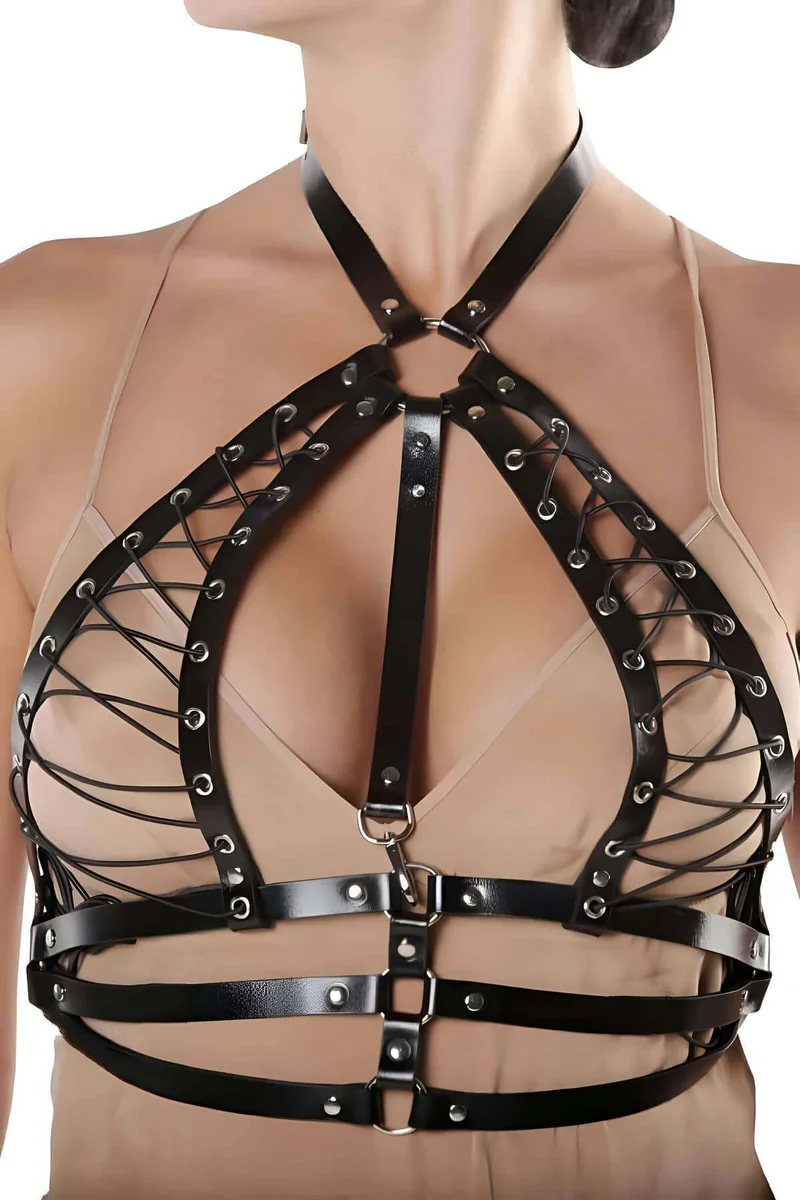 Black Faux Leather Chest Harness Bra Side View Lace Detail