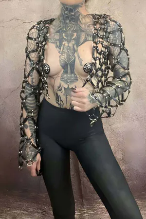 Çapraz Tasarım Uzun Kollu Deri Crop Bağlamalı Büstiyer Harness- APFT1076