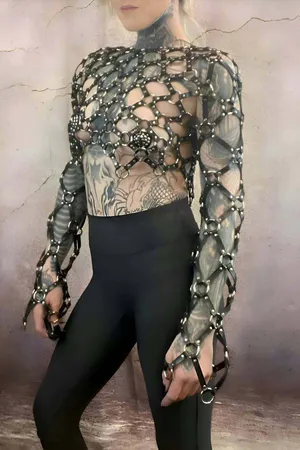 Çapraz Tasarım Uzun Kollu Deri Crop Bağlamalı Büstiyer Harness- APFT1076