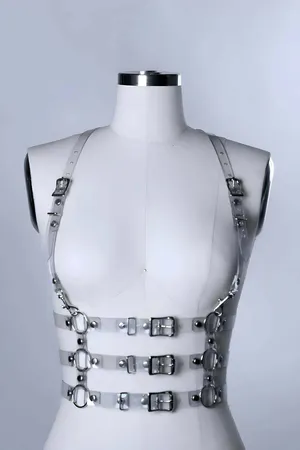 Transparent PVC body harness with silver O-ring details and adjustable buckles