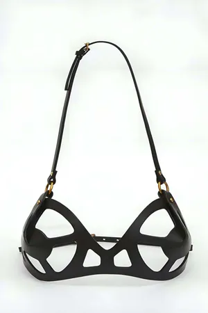 Black Faux Leather Cutout Bust Harness Bra Top Women Fashion Accessory