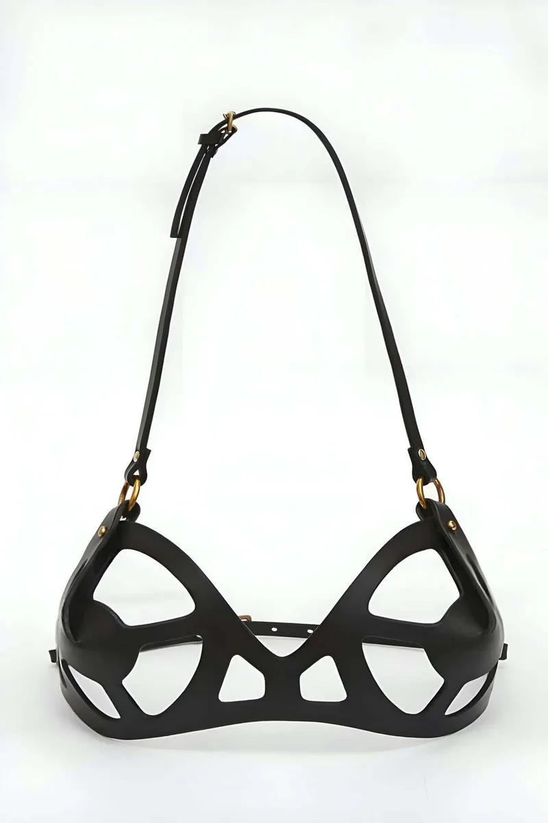 Black faux leather harness bra front view with adjustable straps