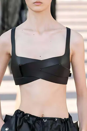 Black Faux Leather Wrap Bralette Top Wide Straps Front View