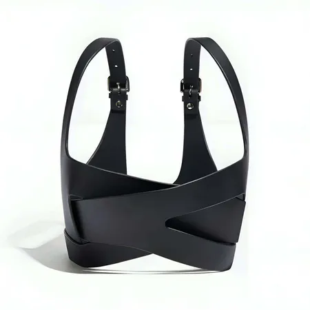 Black Faux Leather Wrap Bralette Top Wide Straps Front View