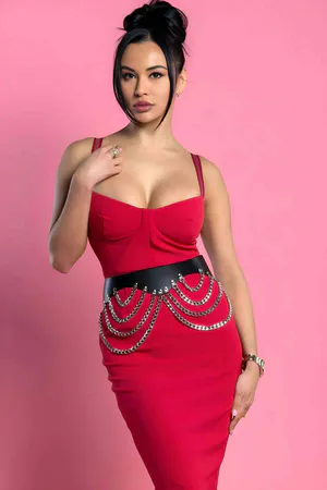Black Faux Leather Chain Waist Belt with Draped Silver Chains on Red Dress