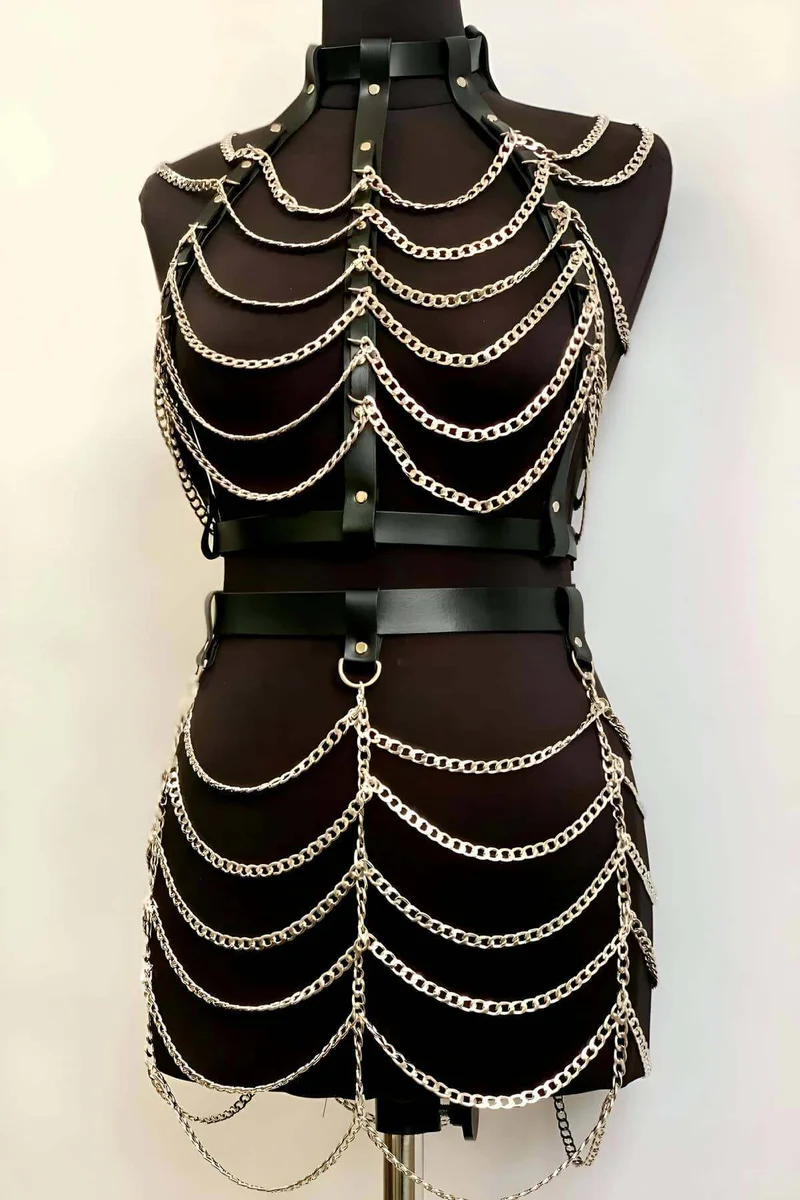 Festival black faux leather body harness set with