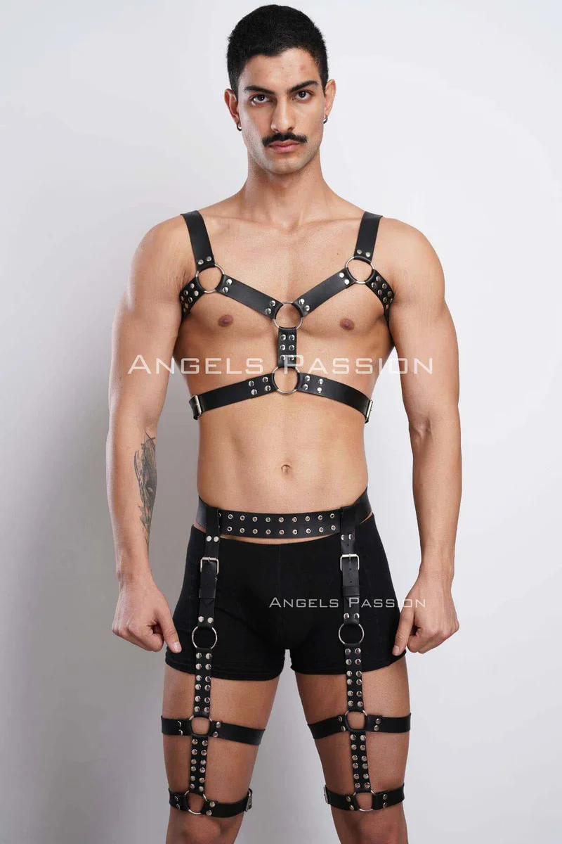 Chest Harness Section Black Faux Leather Close-up O-Ring Detail
