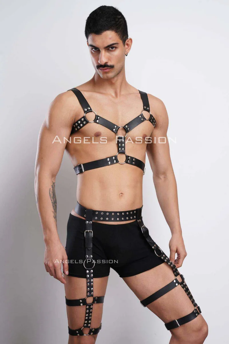 Full Body Harness Set Waist Belt Black Faux Leather Side View