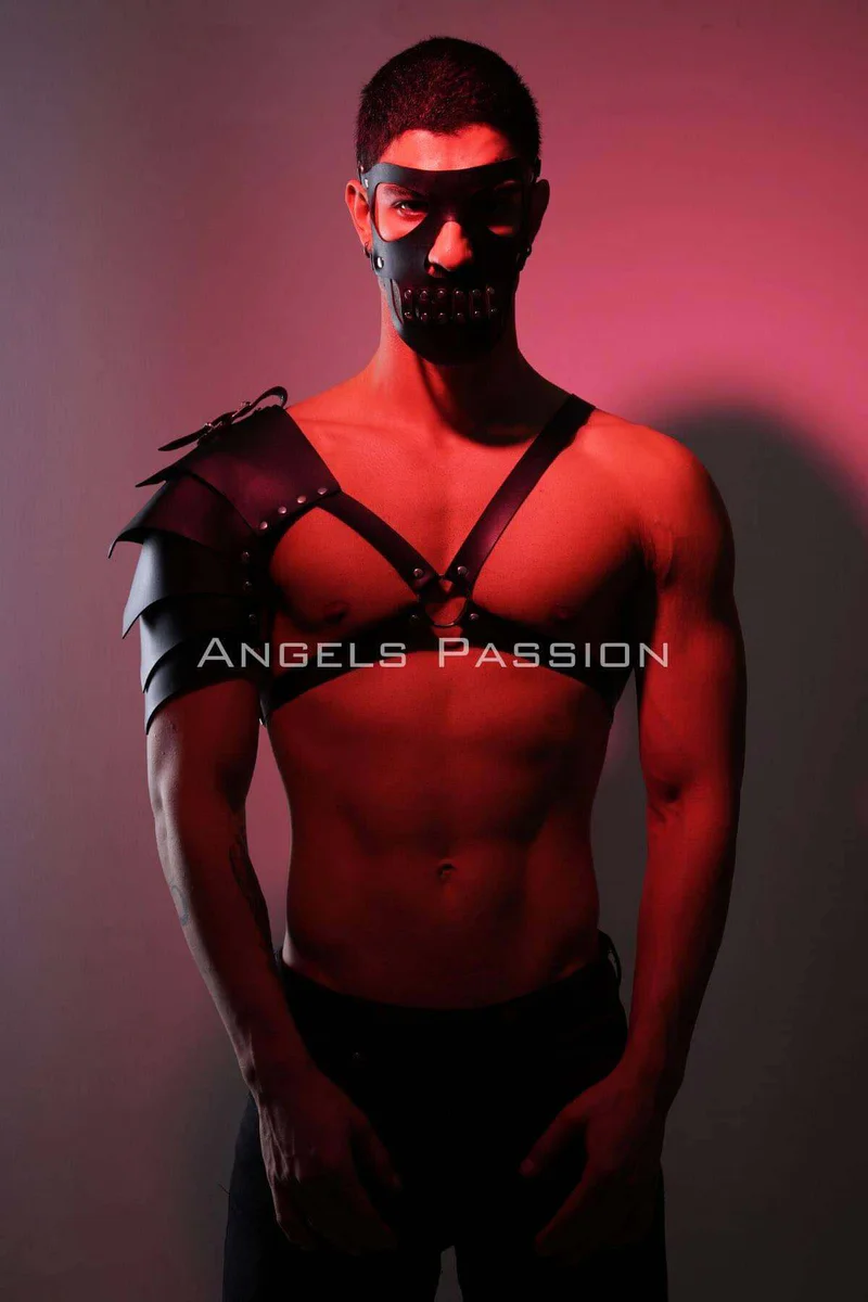 Black leather harness detailed straps back view single shoulder armor