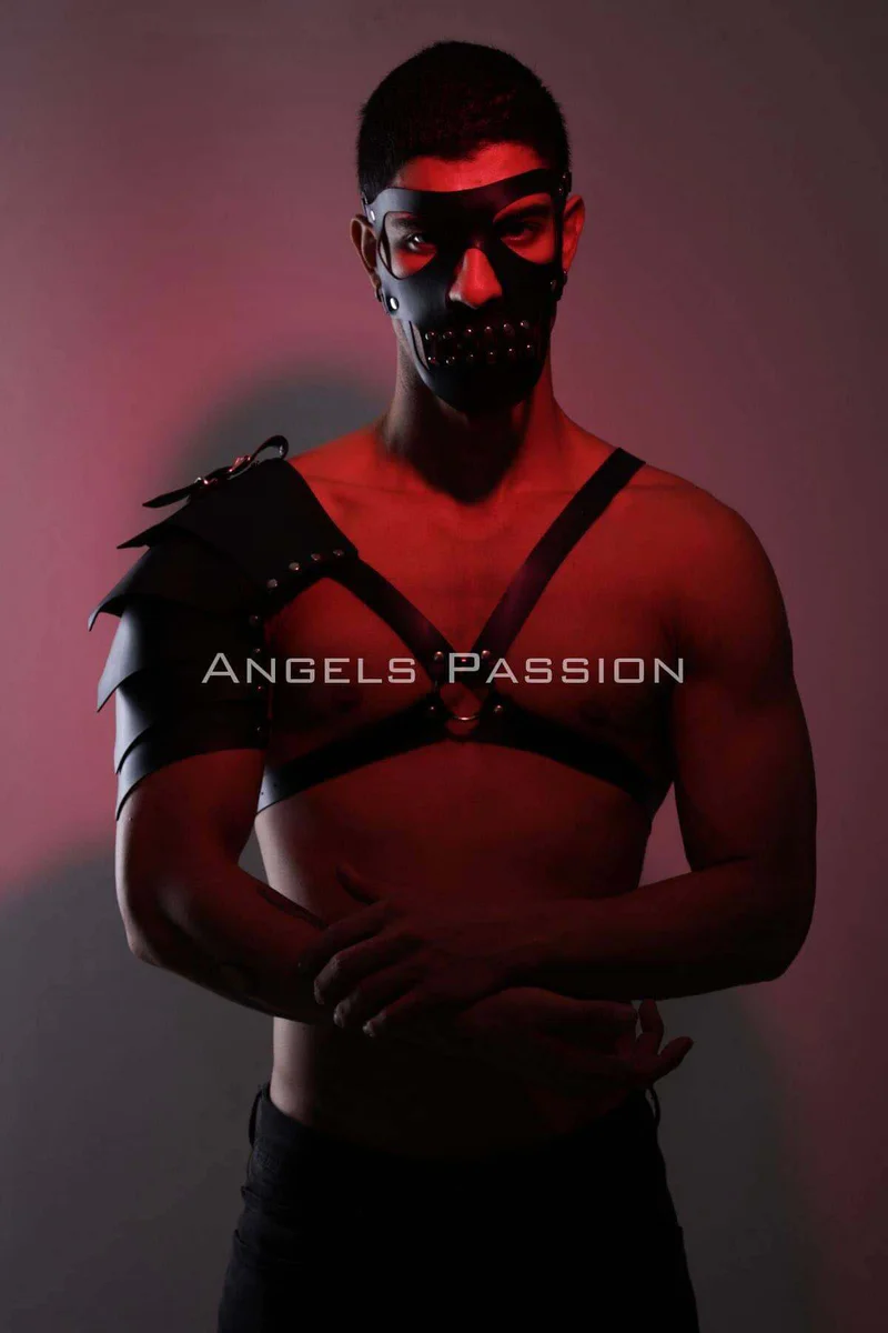 Black leather studded mask and armor harness outfit with shoulder spikes