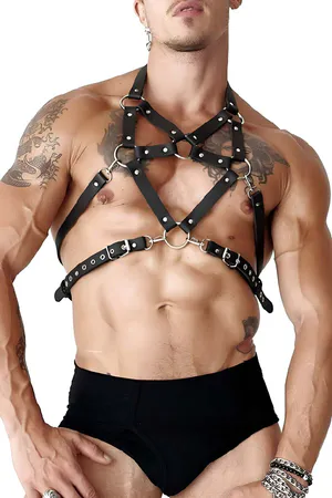 Black Studded Faux Leather Star Chest Harness with O-Rings