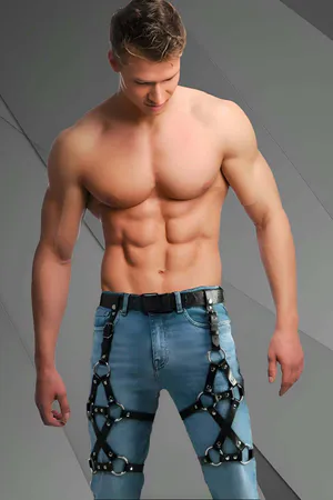 Black Faux Leather Thigh Harness O-Ring Studs Men's Adjustable Straps