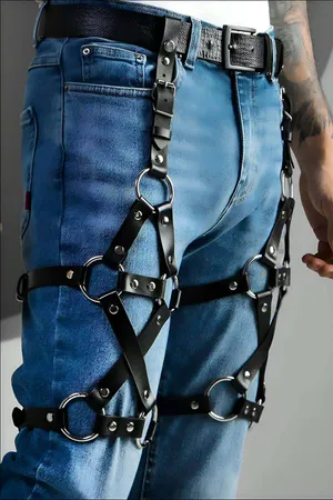 Black Faux Leather Thigh Harness O-Ring Studs Men's Adjustable Straps