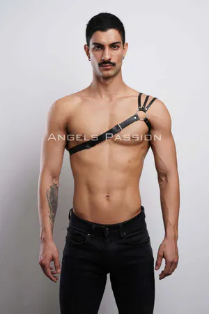 Black Faux Leather Asymmetrical Shoulder Harness Silver O-Ring Detail