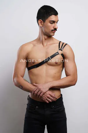 Black Faux Leather Asymmetrical Shoulder Harness Silver O-Ring Detail