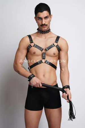 Black Studded Faux Leather Chest Harness and Spiked Choker Set on Model