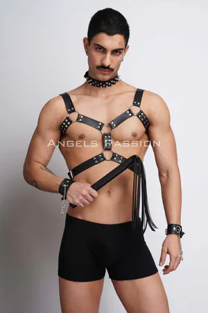 Black Studded Faux Leather Chest Harness and Spiked Choker Set on Model