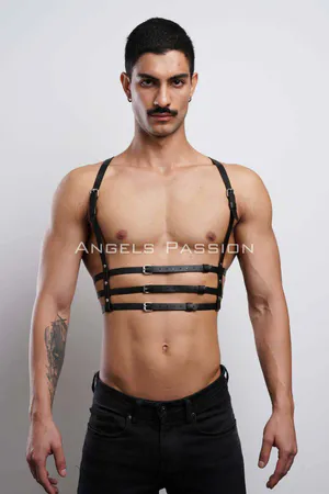 Black Faux Leather Multi-Strap Chest Harness Front View