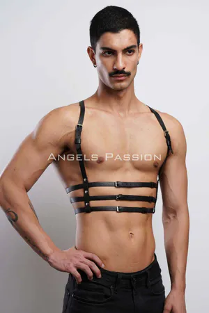 Black Faux Leather Multi-Strap Chest Harness Front View