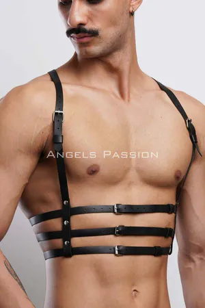 Black Faux Leather Multi-Strap Chest Harness Front View