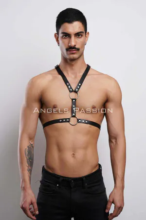 Black Faux Leather O-Ring Chest Harness Silver Rivet Details