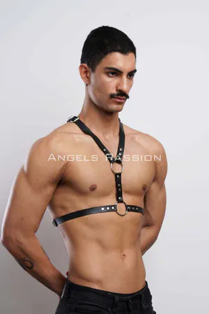 Black Faux Leather O-Ring Chest Harness Silver Rivet Details