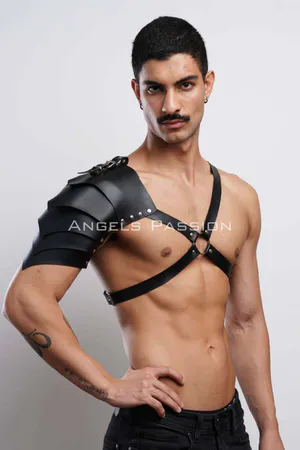 Black Faux Leather Layered Shoulder Armor Chest Harness Men Adjustable Straps