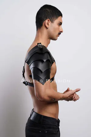 Black Faux Leather Layered Shoulder Armor Chest Harness Men Adjustable Straps