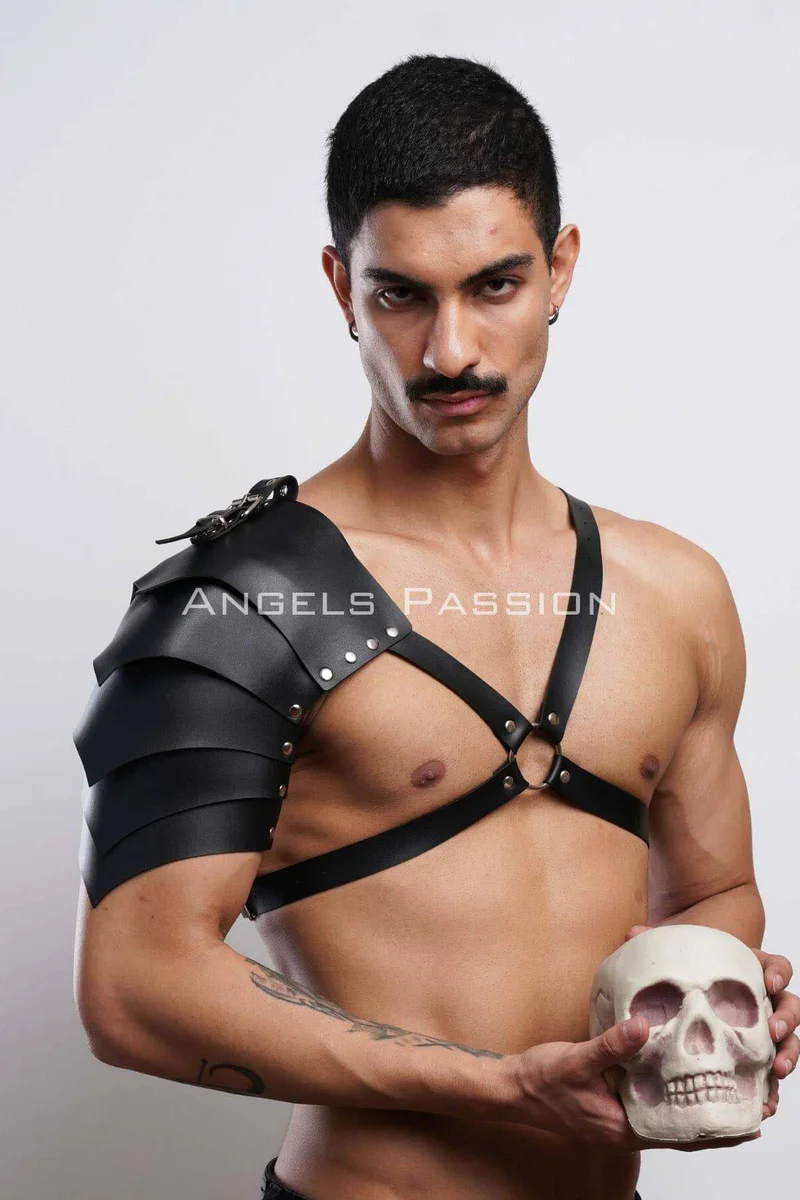 Black shoulder armor chest harness with layered straps