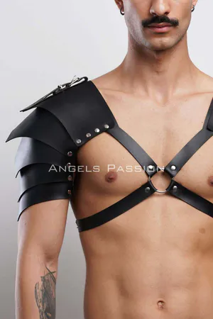 Black Faux Leather Shoulder Armor Harness with Spiked Shoulders