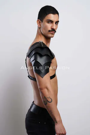 Black Faux Leather Shoulder Armor Harness with Spiked Shoulders