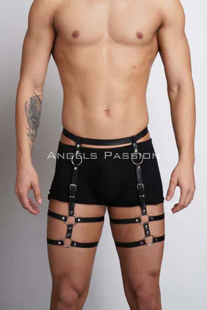 Black Vegan Leather Leg Harness Multiple O-Rings Adjustable Straps