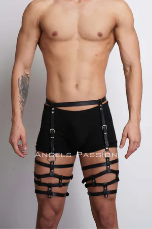 Black Faux Leather Garter Thigh Harness Men Adjustable Buckles O-Ring Detail