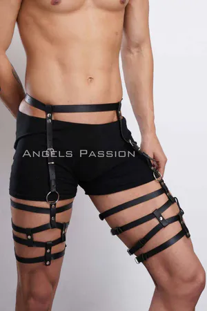Black Faux Leather Garter Thigh Harness Men Adjustable Buckles O-Ring Detail