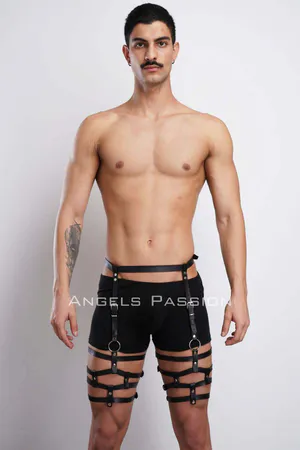Black Faux Leather Garter Thigh Harness Men Adjustable Buckles O-Ring Detail