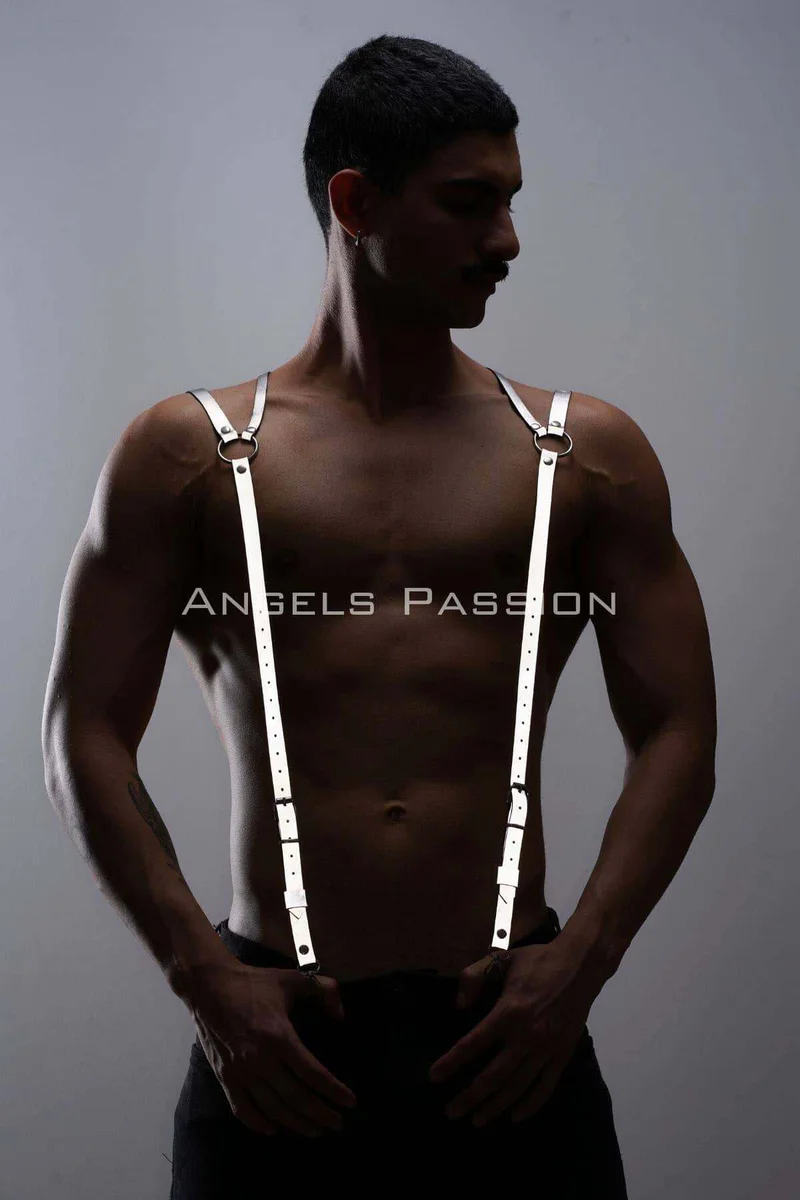 White adjustable shoulder harness with O-ring detail on man showing strap adjusters