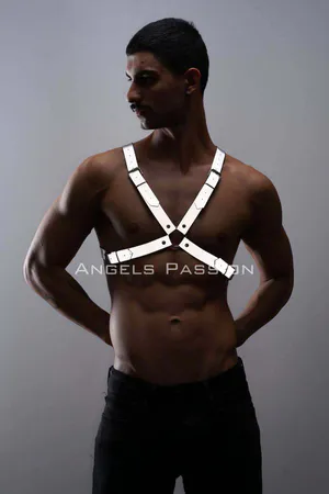 Reflective Chest Harness White Vegan Leather Male Model Front View Adjustable Buckles