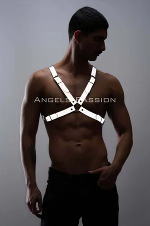 Reflective Chest Harness White Vegan Leather Male Model Front View Adjustable Buckles