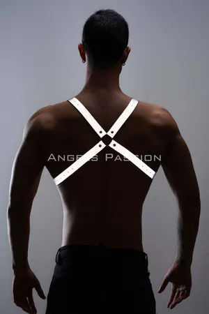 Reflective Chest Harness White Vegan Leather Male Model Front View Adjustable Buckles