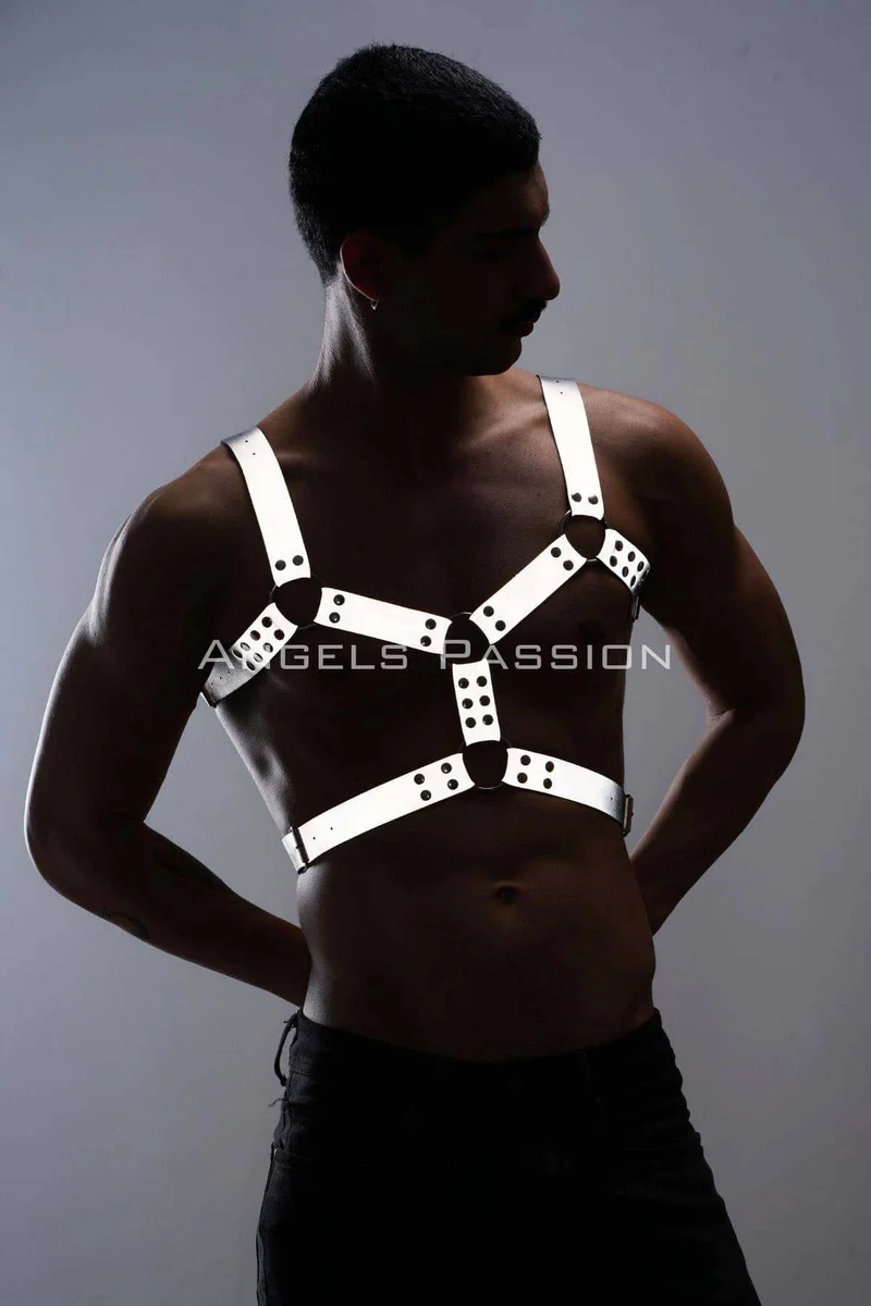 Reflective chest harness close-up O-ring detail silver