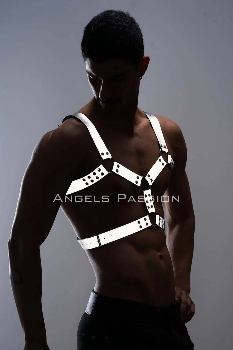 Silver synthetic reflective material harness texture with o-ring accents