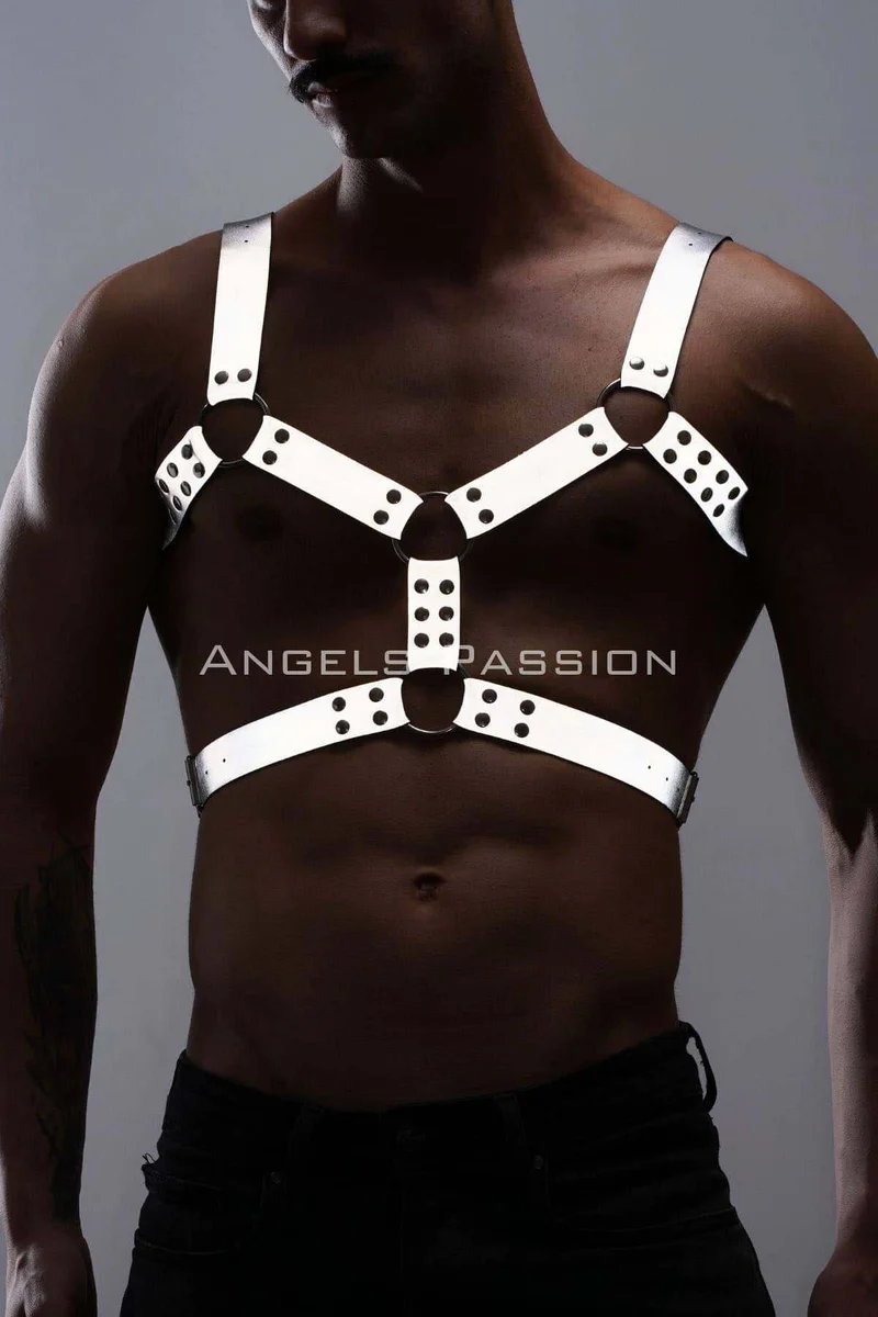Reflective chest harness with O-ring accents and studded straps front view