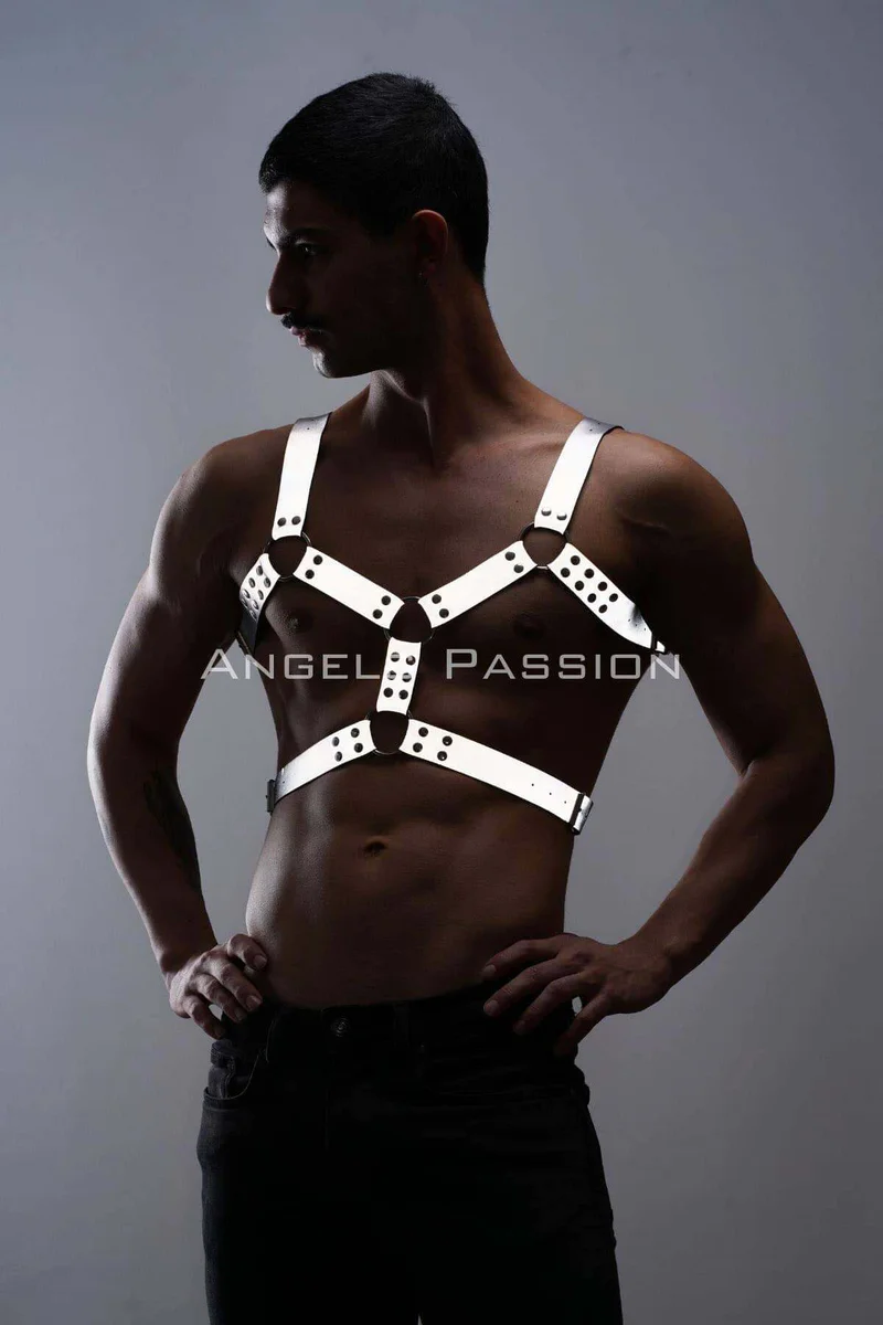 Silver reflective festival chest harness with O-ring accents showing side view