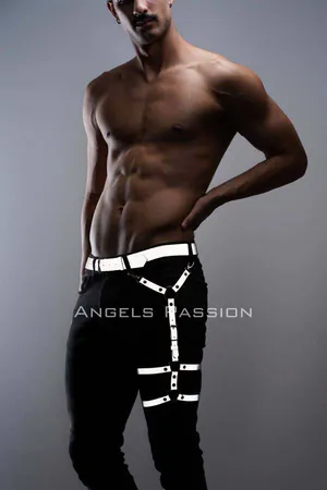White Reflective Thigh Harness Black Pants O-Ring Straps D-Rings